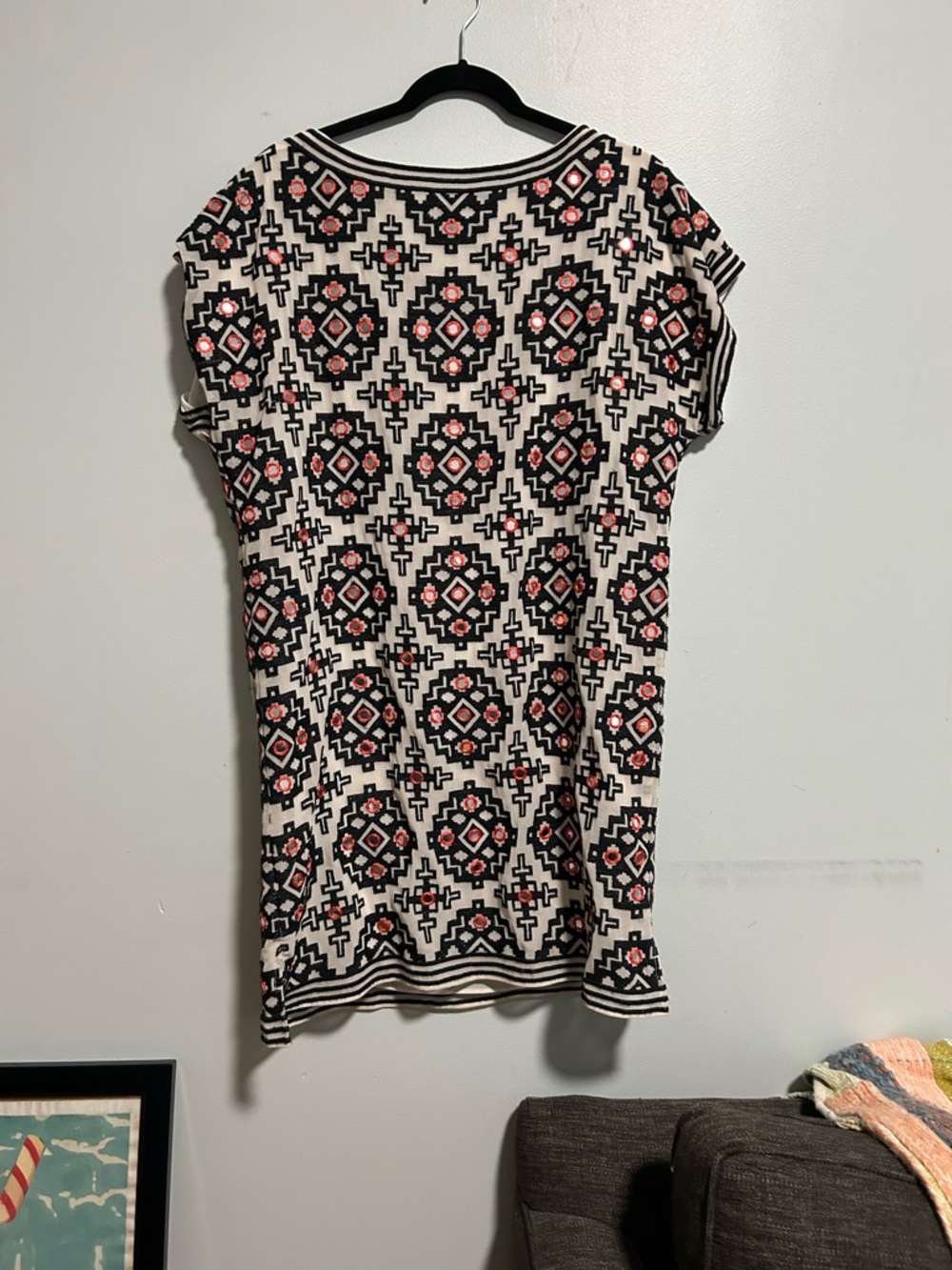 Alice + Olivia Cream and Black Geometric Knit Dress with Orange Accents